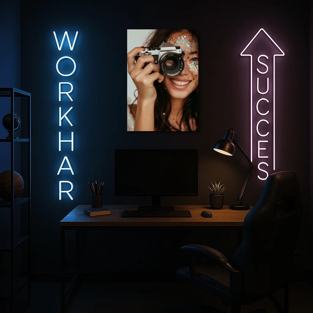 Smiling Woman With Film Camera And Glitter – Wall Art