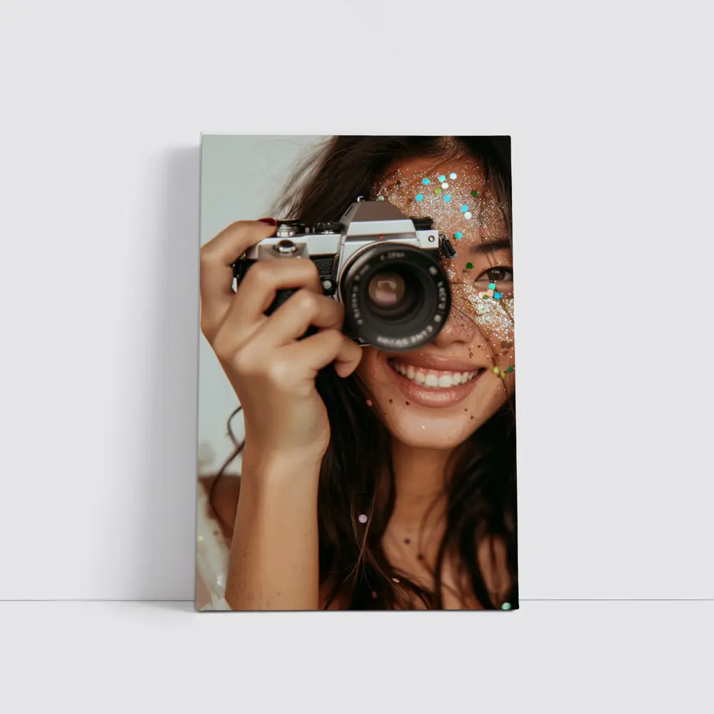 Smiling Woman With Film Camera And Glitter – Wall Art