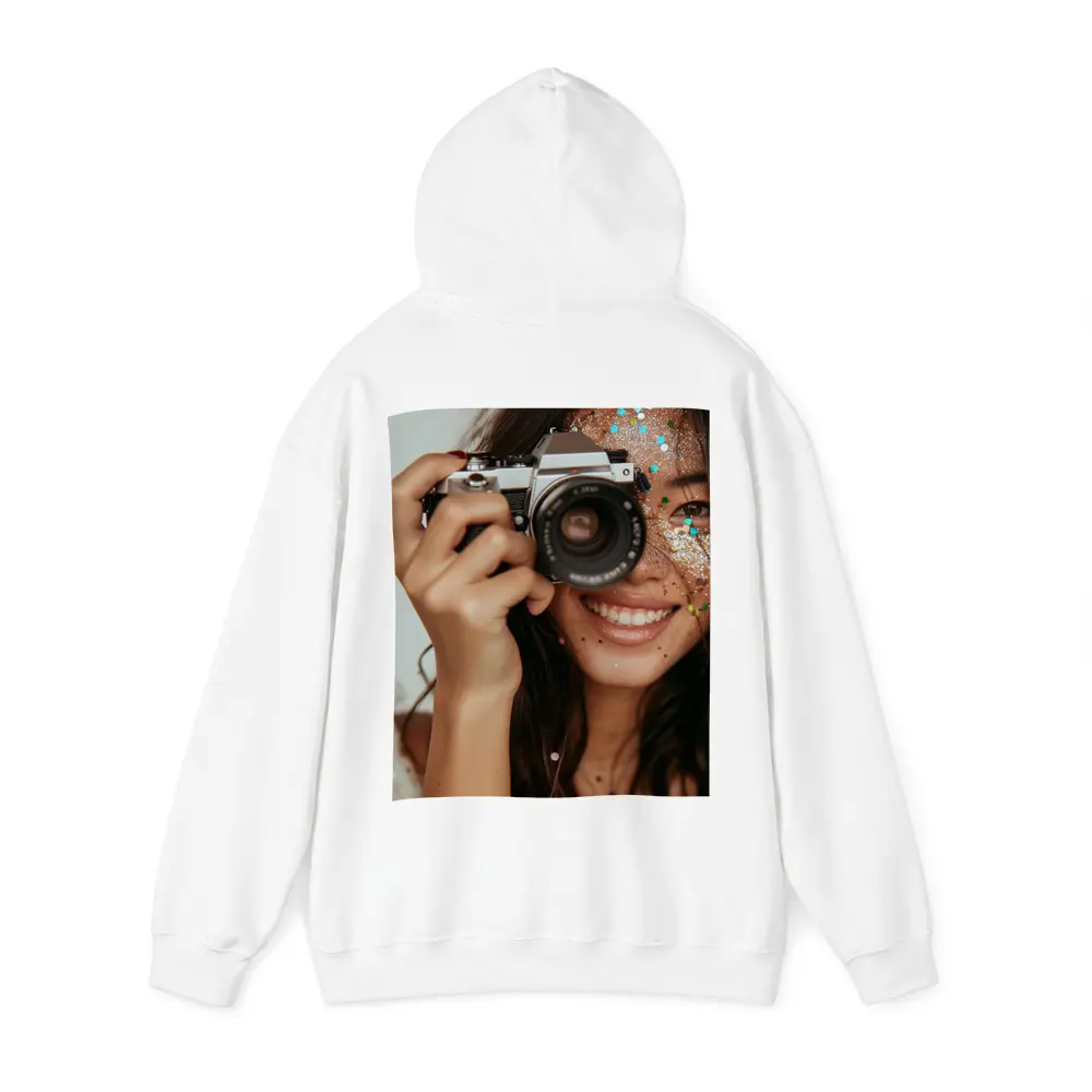 Smiling Woman With Film Camera And Glitter – Hoodies