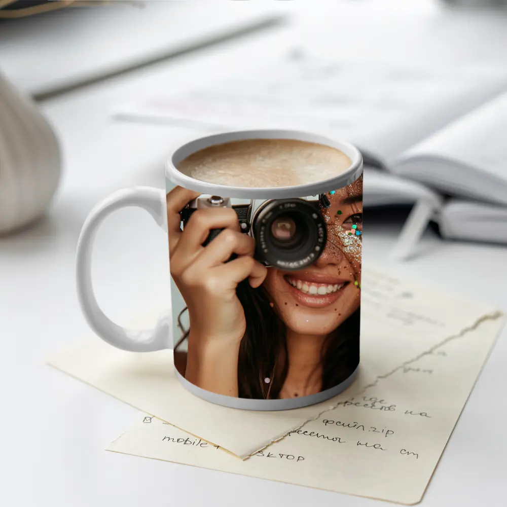 Smiling Woman With Film Camera And Glitter – Mugs