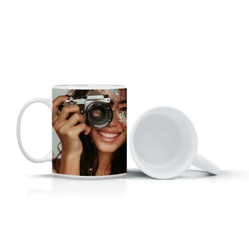 Smiling Woman With Film Camera And Glitter – Mugs