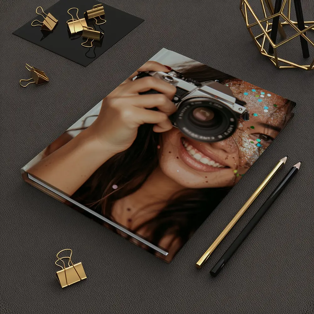 Smiling Woman With Film Camera And Glitter – Notebooks