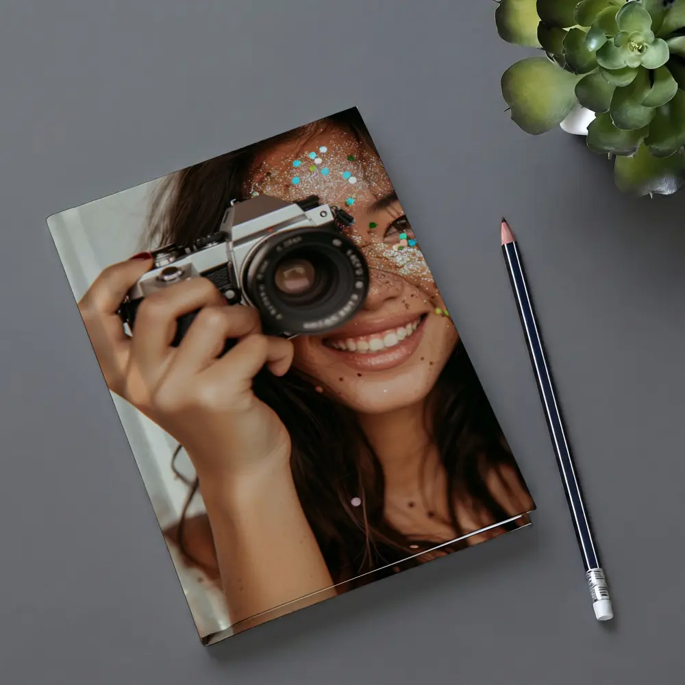 Smiling Woman With Film Camera And Glitter – Notebooks