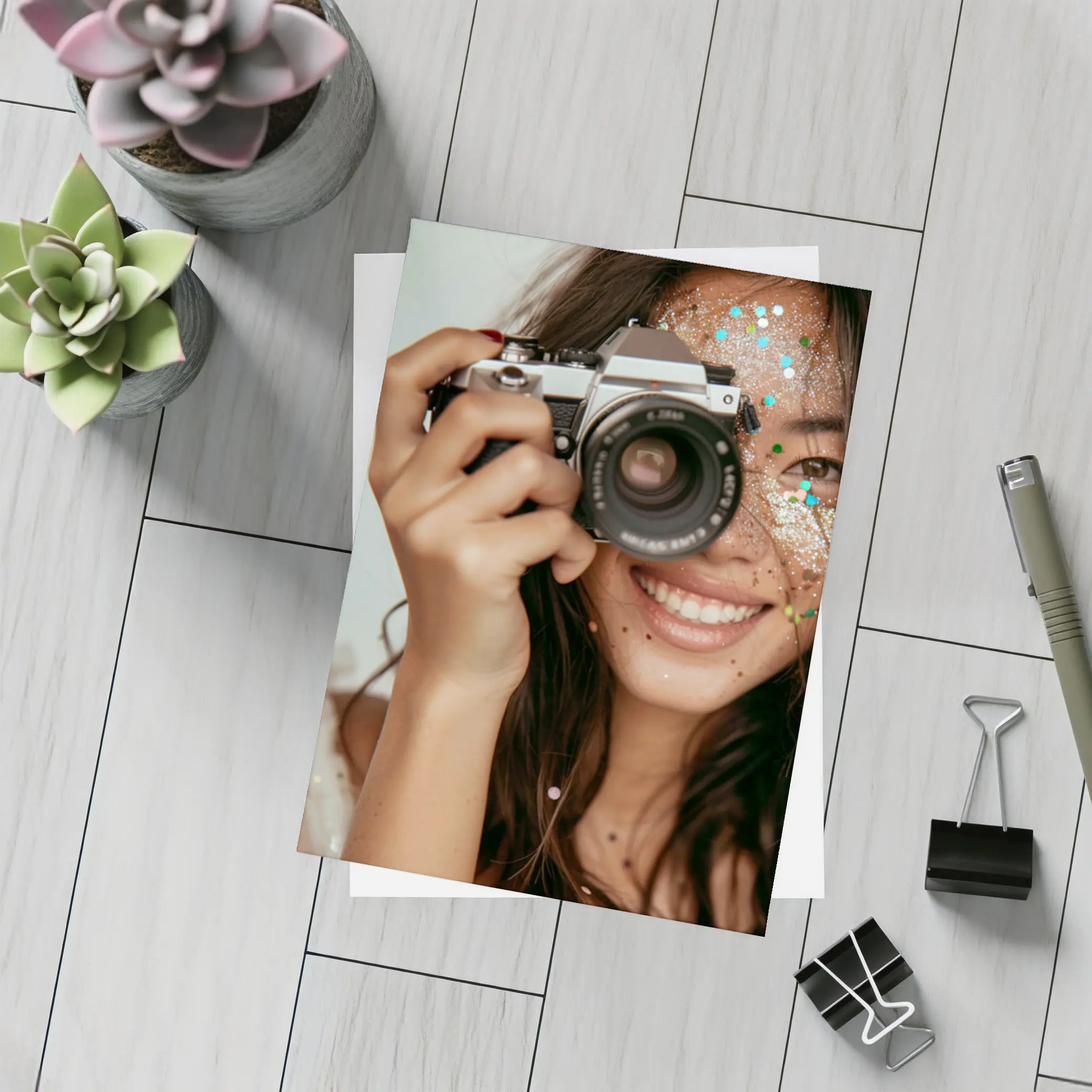 Smiling Woman With Film Camera And Glitter – Postcards