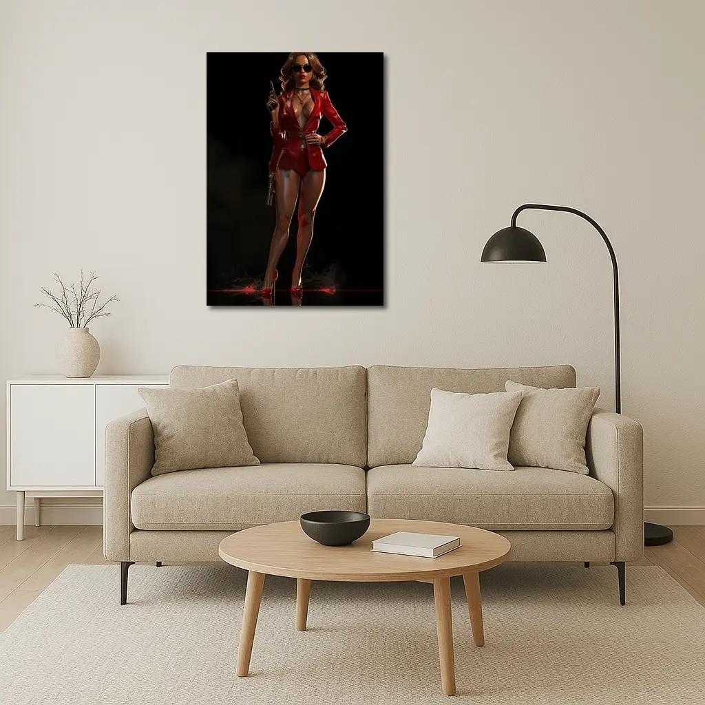Red Suit Armed Woman Dark Background Art – Wall Art