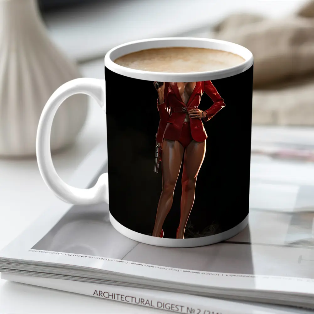 Red Suit Armed Woman Dark Background Art – Mugs