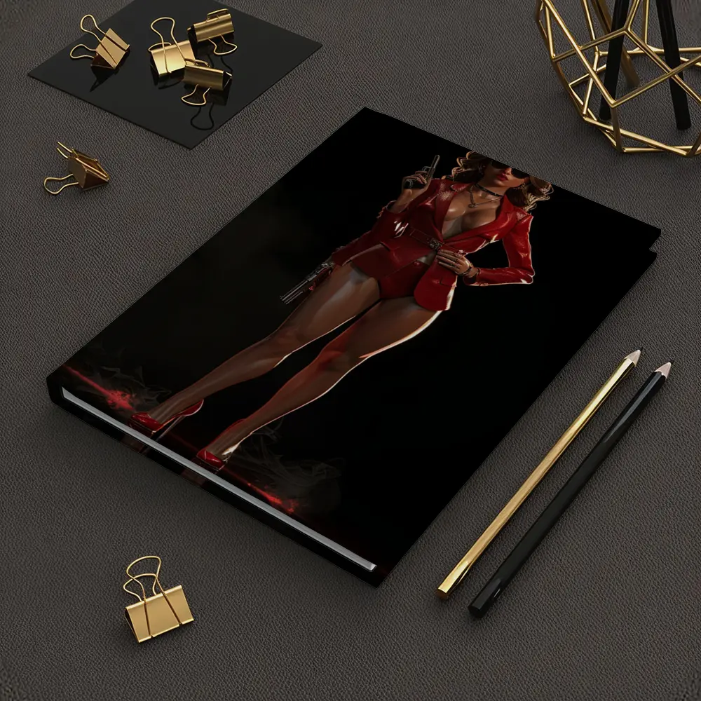 Red Suit Armed Woman Dark Background Art – Notebooks