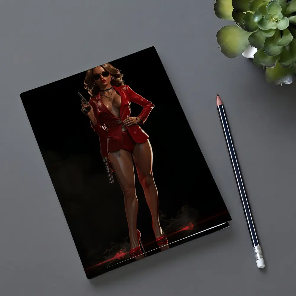 Red Suit Armed Woman Dark Background Art – Notebooks