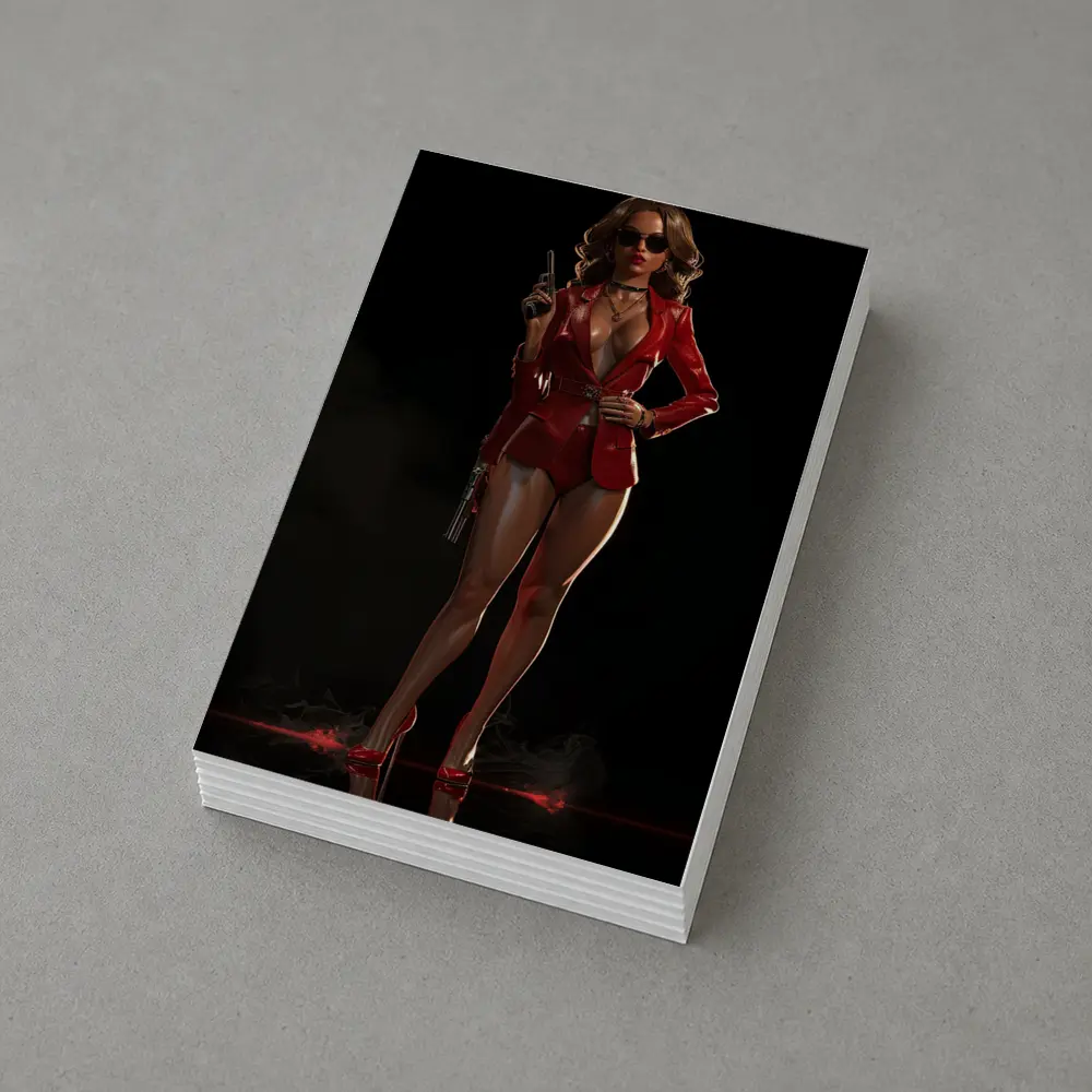 Red Suit Armed Woman Dark Background Art – Postcards