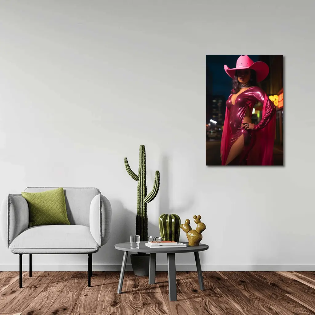 Pink Cowgirl Sequin Dress Neon City Night – Wall Art