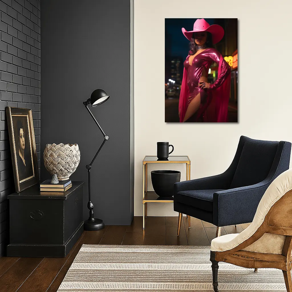 Pink Cowgirl Sequin Dress Neon City Night – Wall Art
