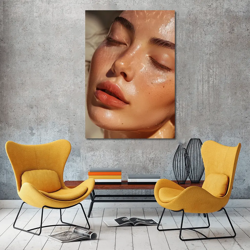 Close Up Woman Face Glowing Wet Skin – Wall Art