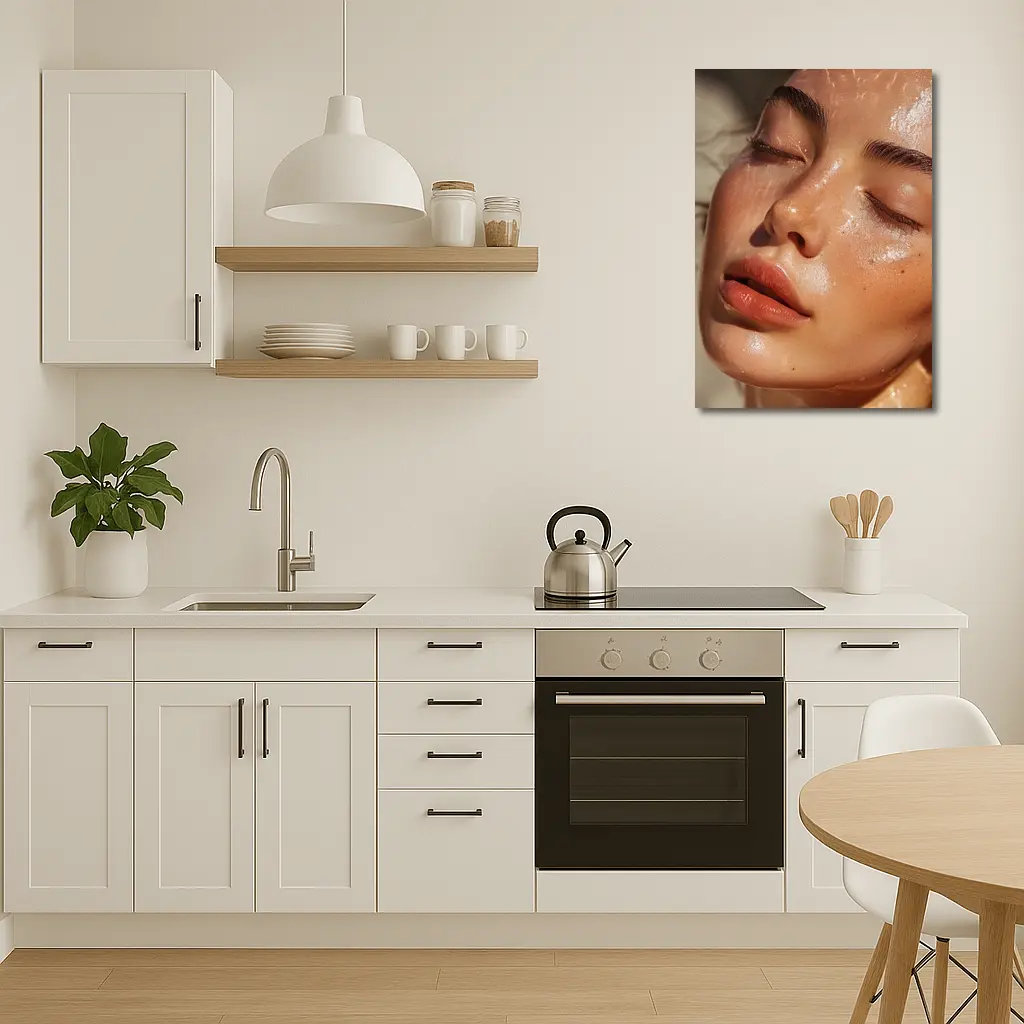 Close Up Woman Face Glowing Wet Skin – Wall Art