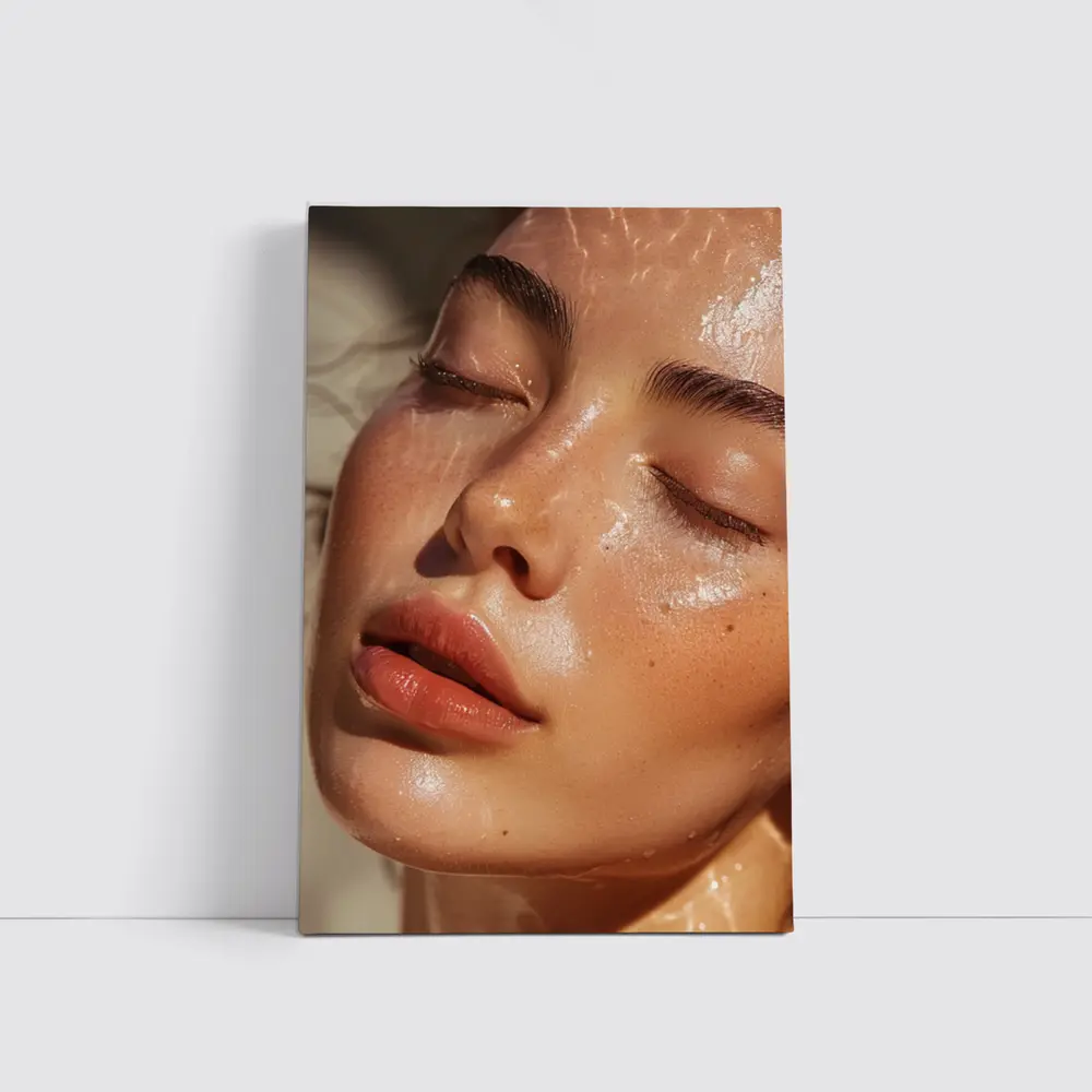 Close Up Woman Face Glowing Wet Skin – Wall Art