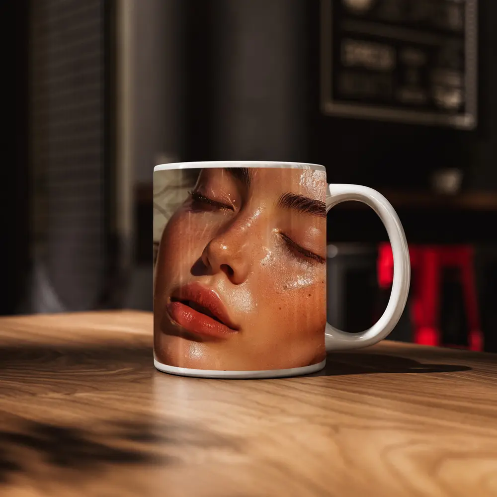 Close Up Woman Face Glowing Wet Skin – Mugs
