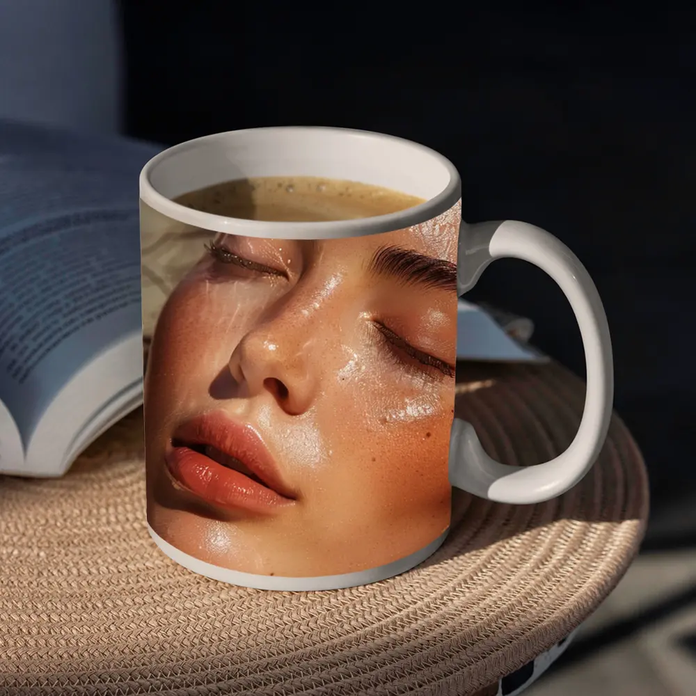 Close Up Woman Face Glowing Wet Skin – Mugs