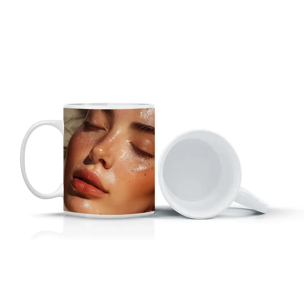 Close Up Woman Face Glowing Wet Skin – Mugs