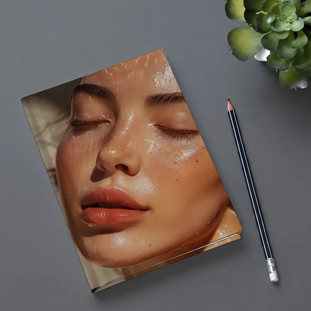 Close Up Woman Face Glowing Wet Skin – Notebooks