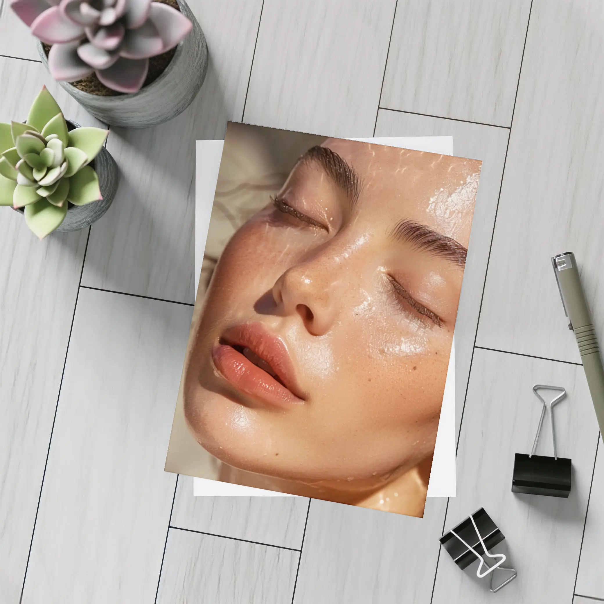 Close Up Woman Face Glowing Wet Skin – Postcards
