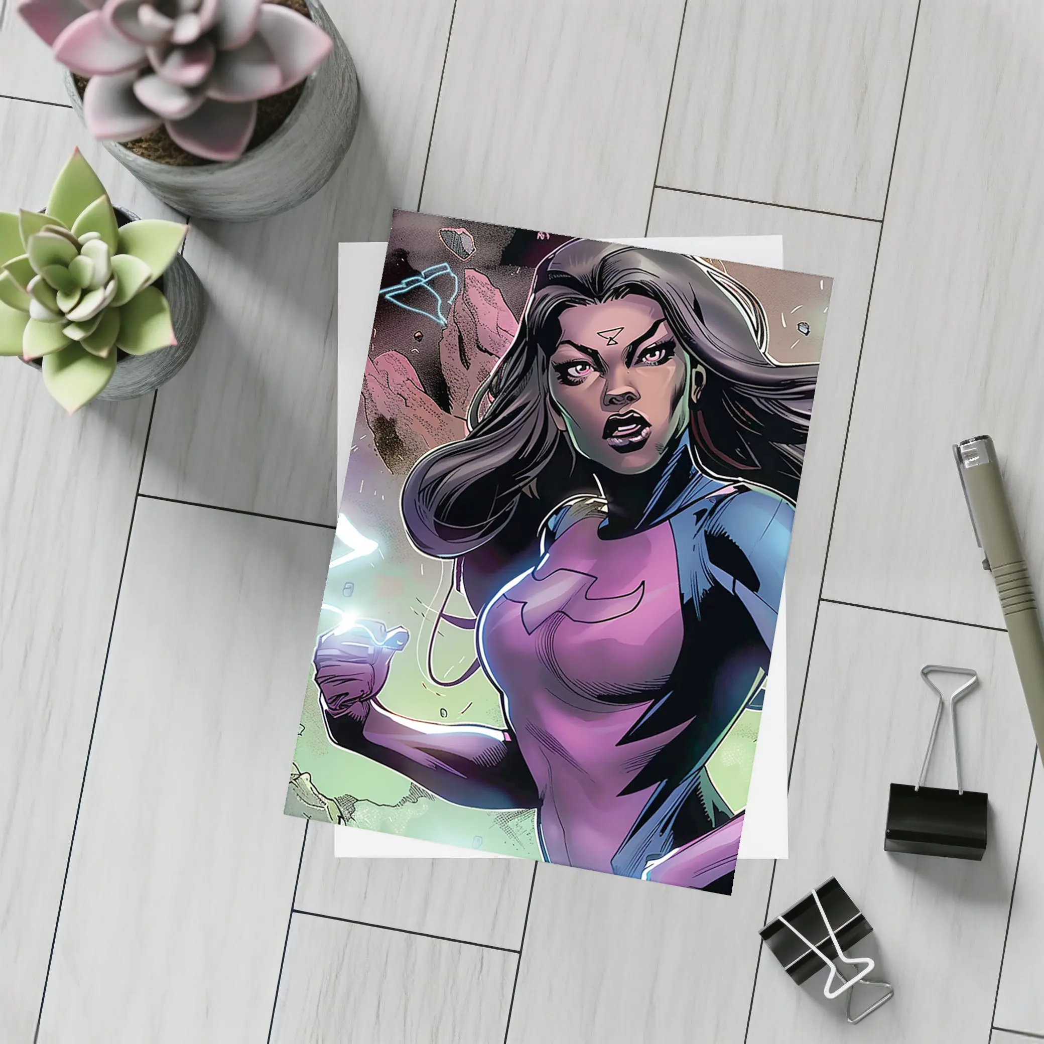 Female Superhero Comic Art Action Scene – Postcards