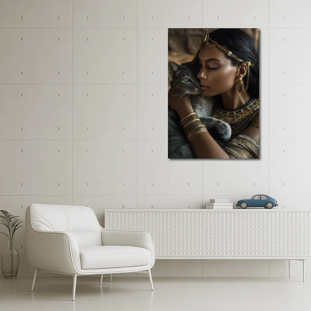 Egyptian Woman With Gray Cat Gold Jewelry – Wall Art