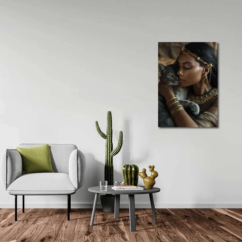 Egyptian Woman With Gray Cat Gold Jewelry – Wall Art