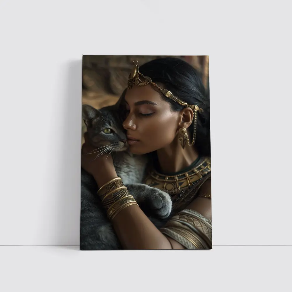 Egyptian Woman With Gray Cat Gold Jewelry – Wall Art