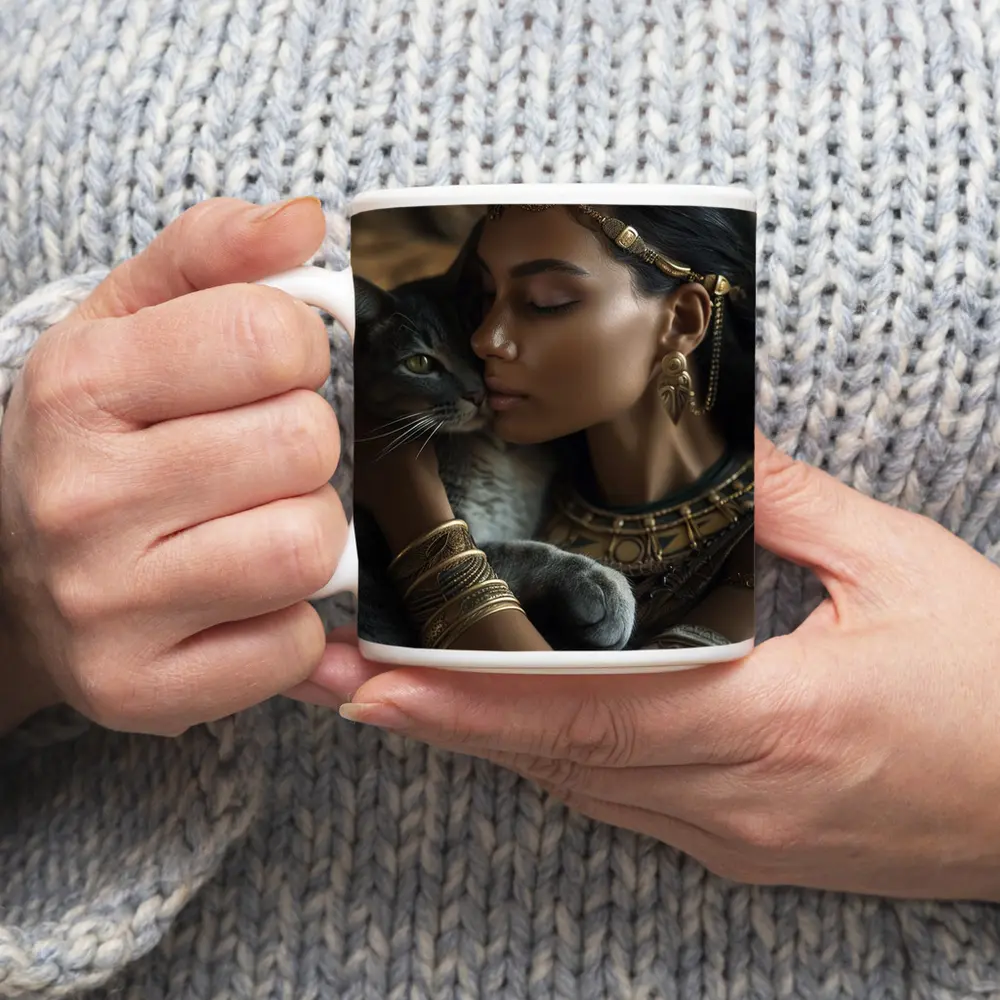 Egyptian Woman With Gray Cat Gold Jewelry – Mugs