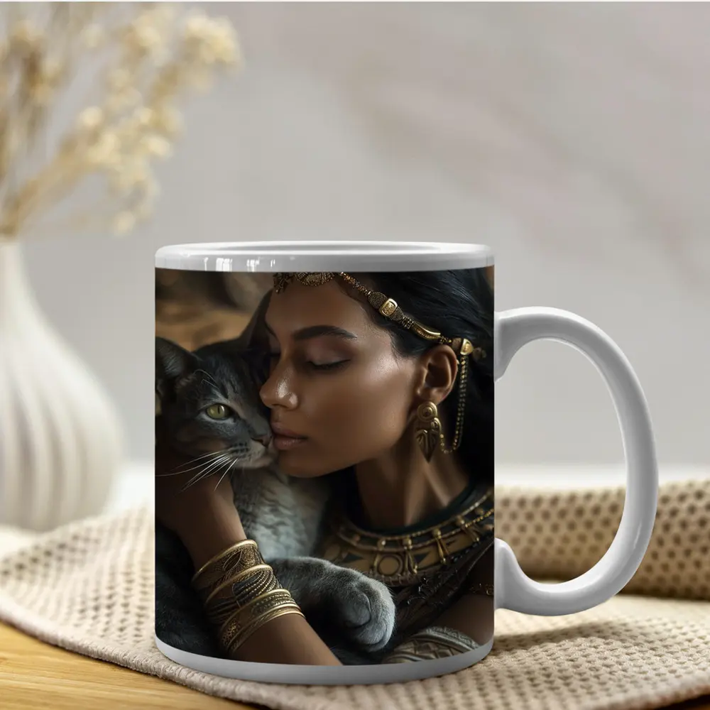 Egyptian Woman With Gray Cat Gold Jewelry – Mugs