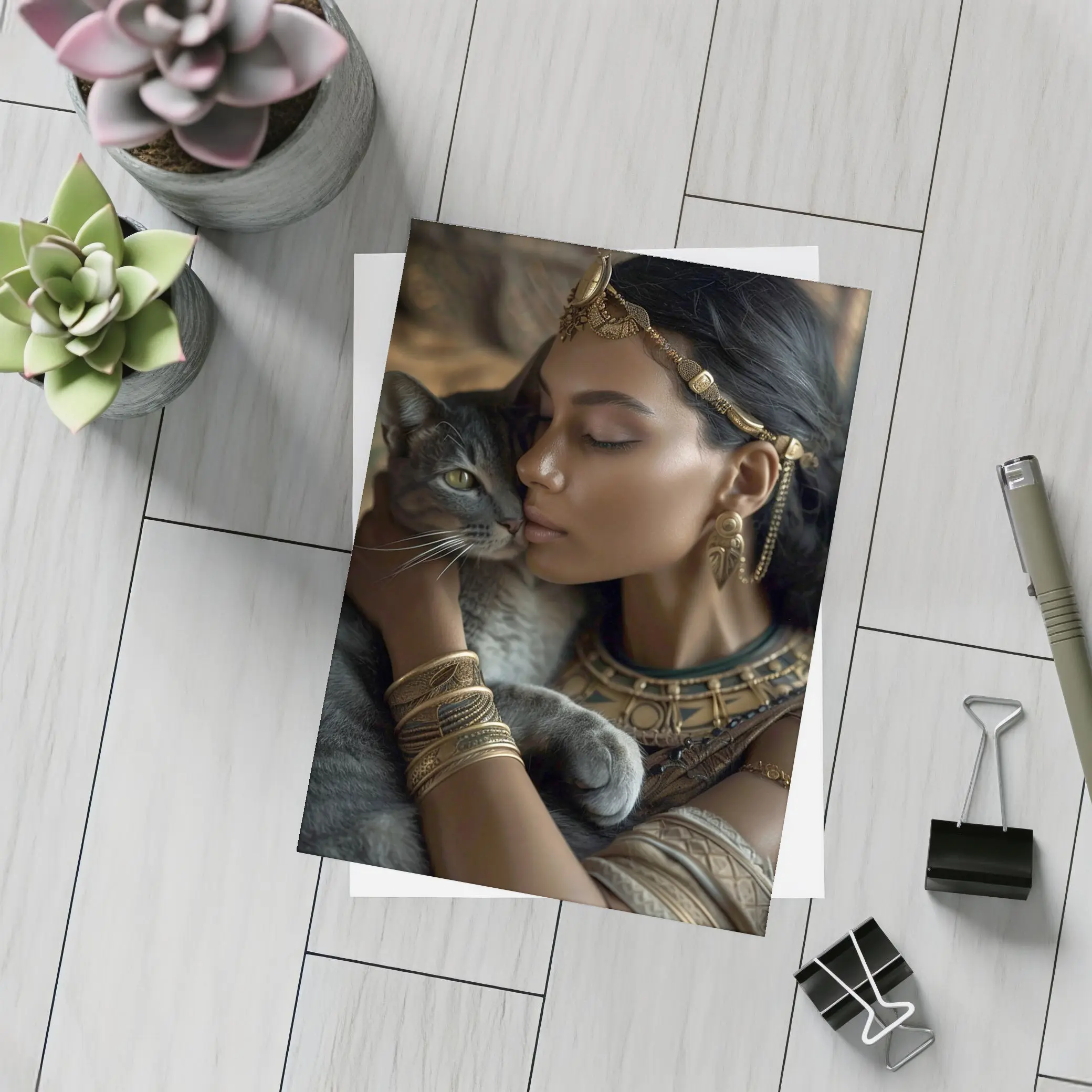 Egyptian Woman With Gray Cat Gold Jewelry – Postcards