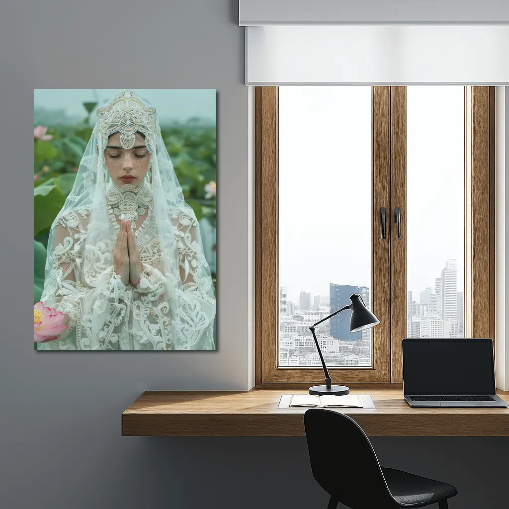Woman Praying White Lace Veil Lotus Field – Wall Art