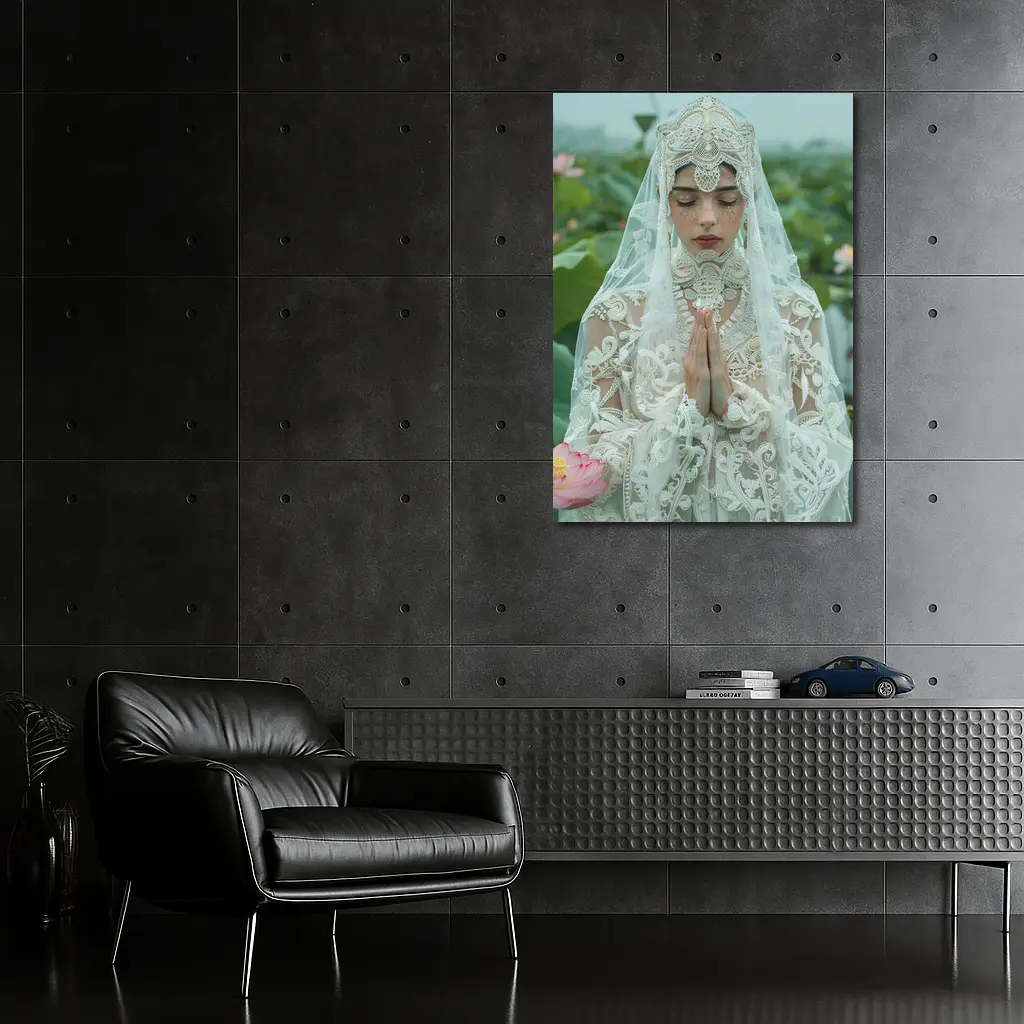 Woman Praying White Lace Veil Lotus Field – Wall Art
