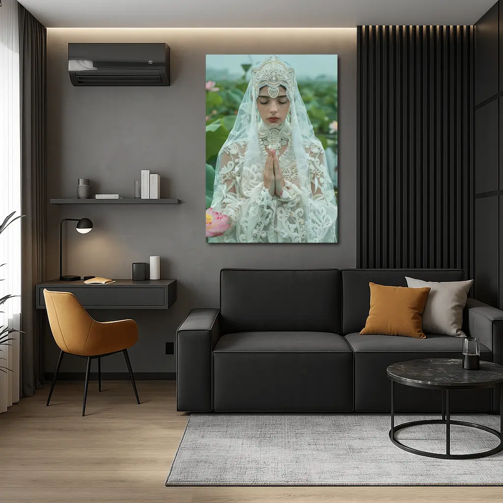 Woman Praying White Lace Veil Lotus Field – Wall Art