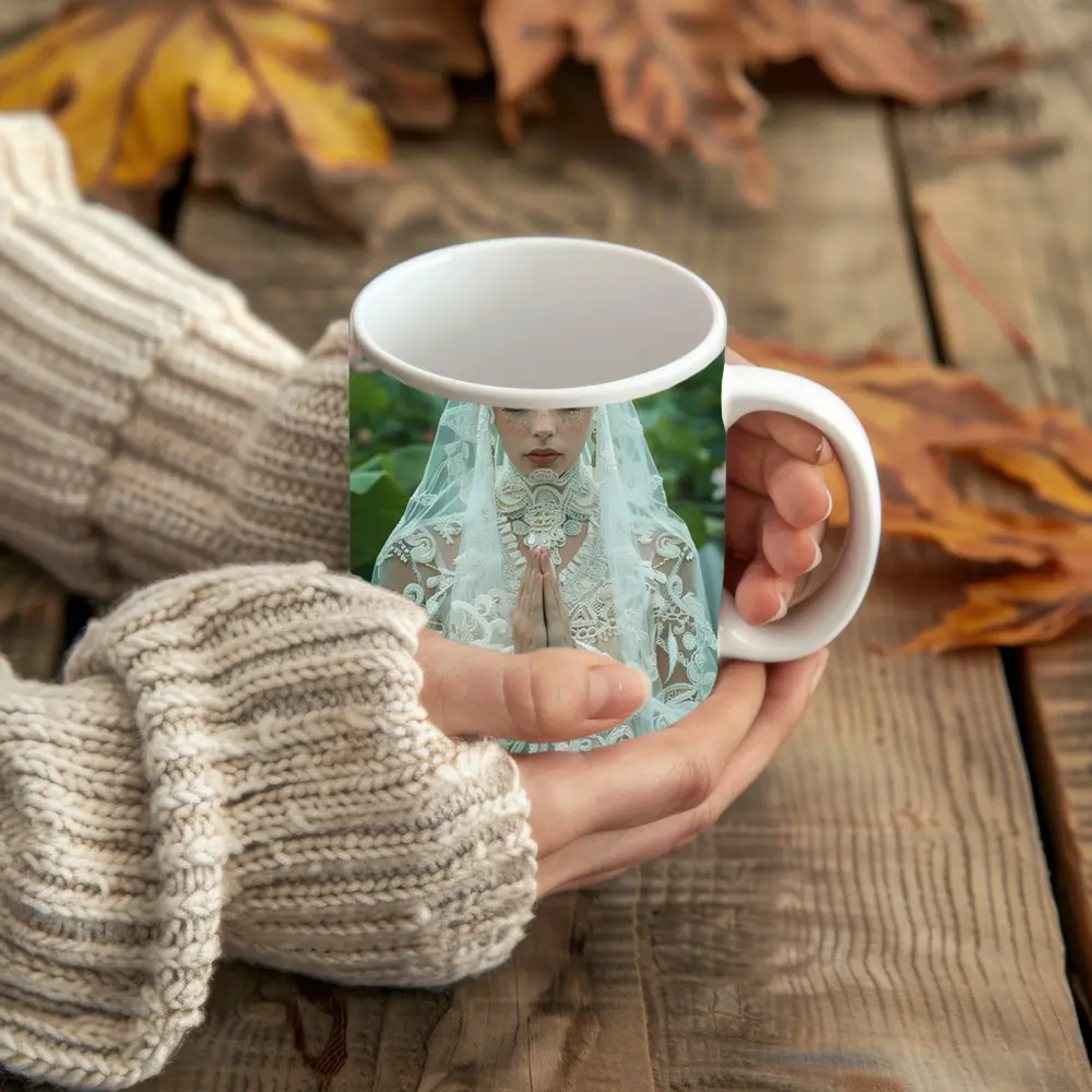 Woman Praying White Lace Veil Lotus Field – Mugs