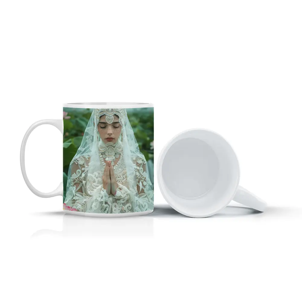 Woman Praying White Lace Veil Lotus Field – Mugs