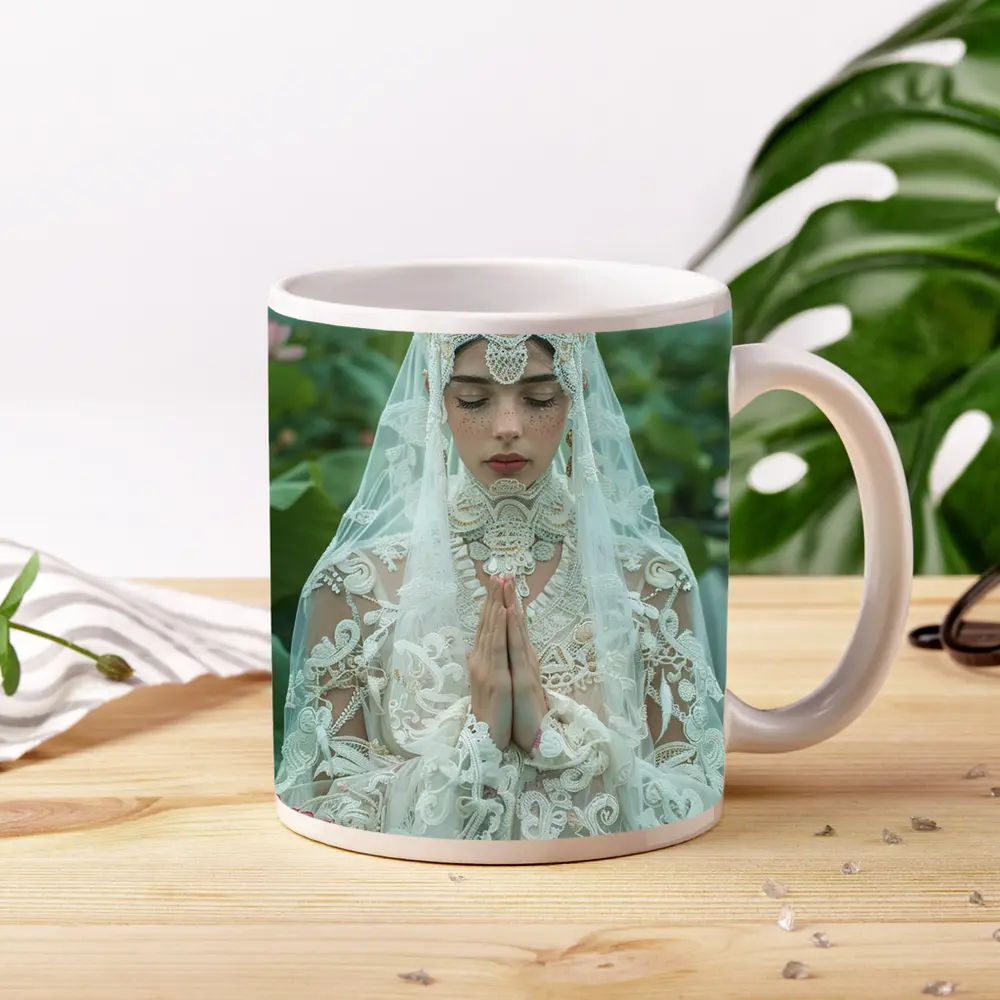 Woman Praying White Lace Veil Lotus Field – Mugs
