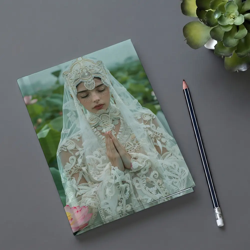 Woman Praying White Lace Veil Lotus Field – Notebooks