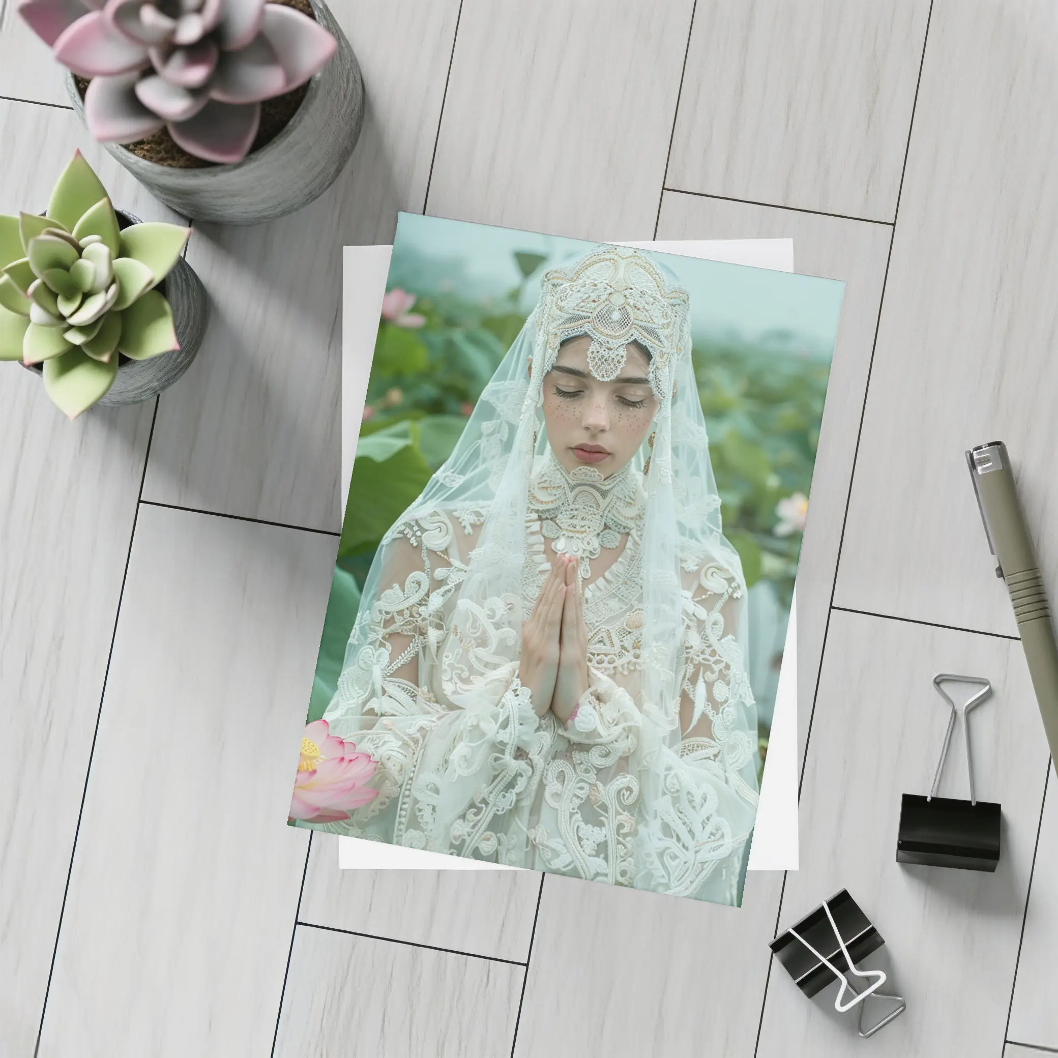 Woman Praying White Lace Veil Lotus Field – Postcards