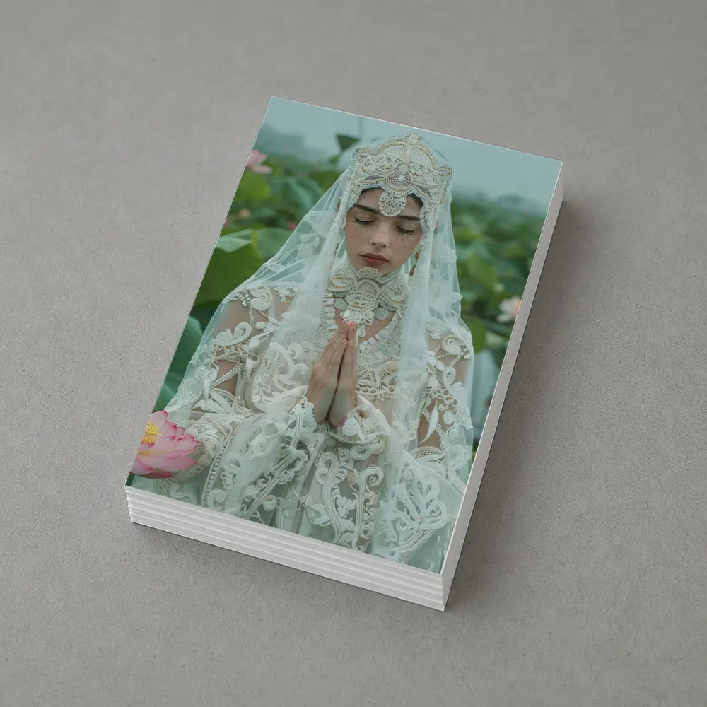 Woman Praying White Lace Veil Lotus Field – Postcards