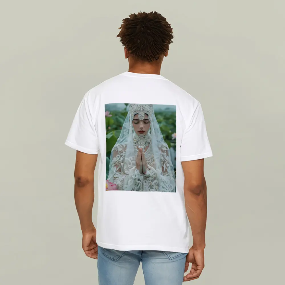 Woman Praying White Lace Veil Lotus Field – T-Shirts
