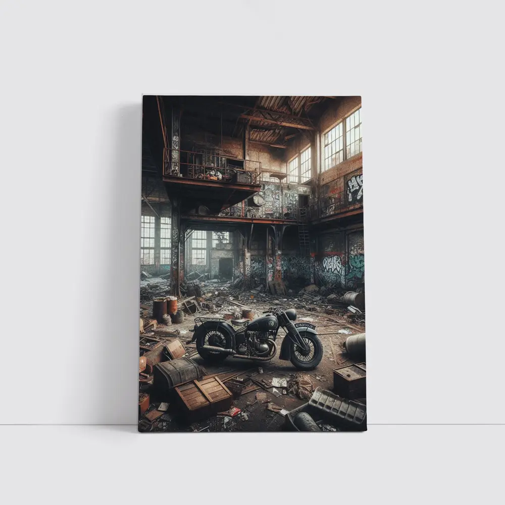 Vintage Motorcycle Abandoned Industrial Warehouse Graffiti – Wall Art