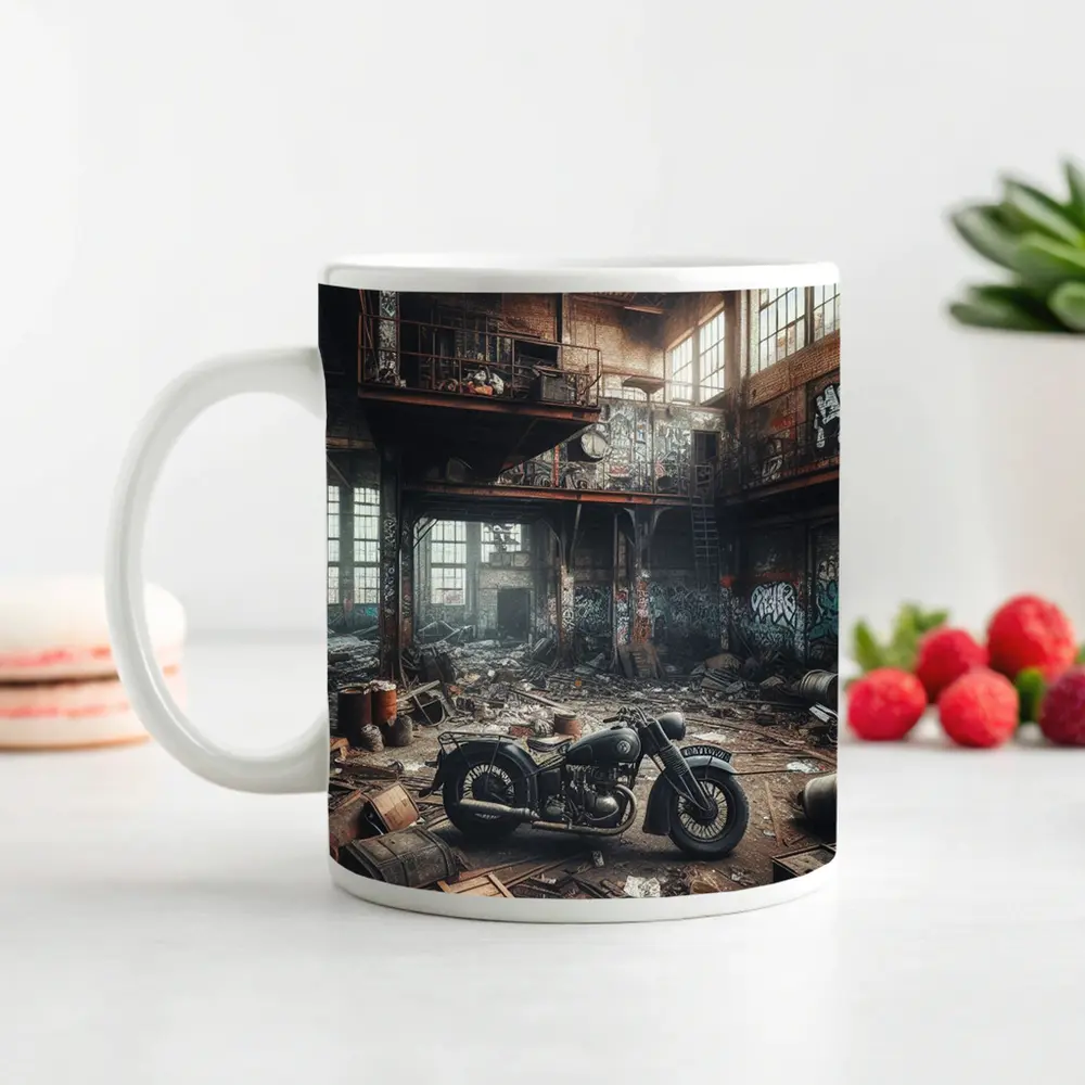 Vintage Motorcycle Abandoned Industrial Warehouse Graffiti – Mugs