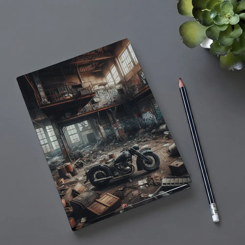 Vintage Motorcycle Abandoned Industrial Warehouse Graffiti – Notebooks