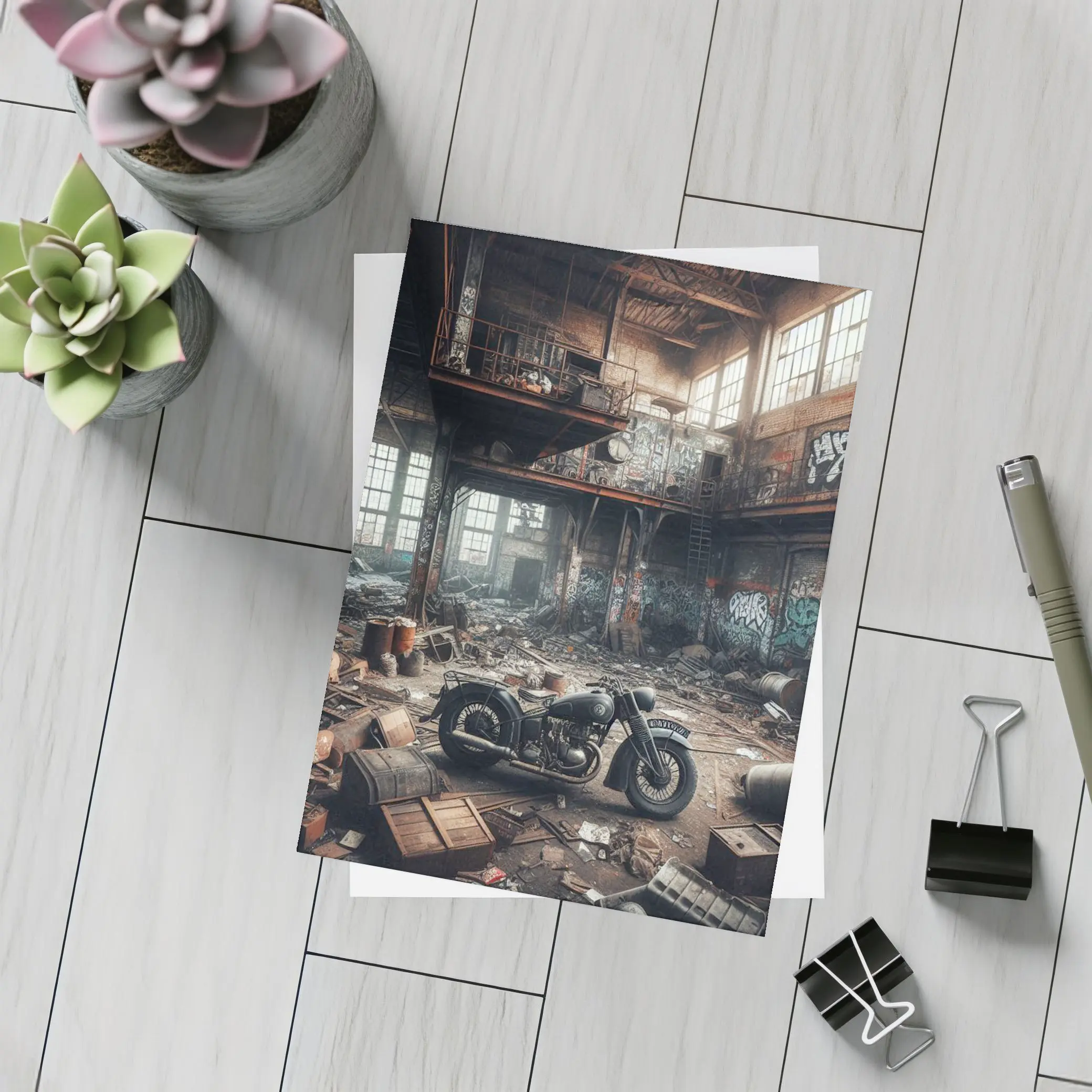 Vintage Motorcycle Abandoned Industrial Warehouse Graffiti – Postcards