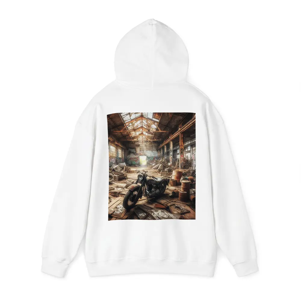 Vintage Motorcycle Abandoned Industrial Warehouse Scene – Hoodies