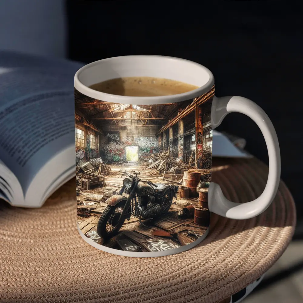 Vintage Motorcycle Abandoned Industrial Warehouse Scene – Mugs