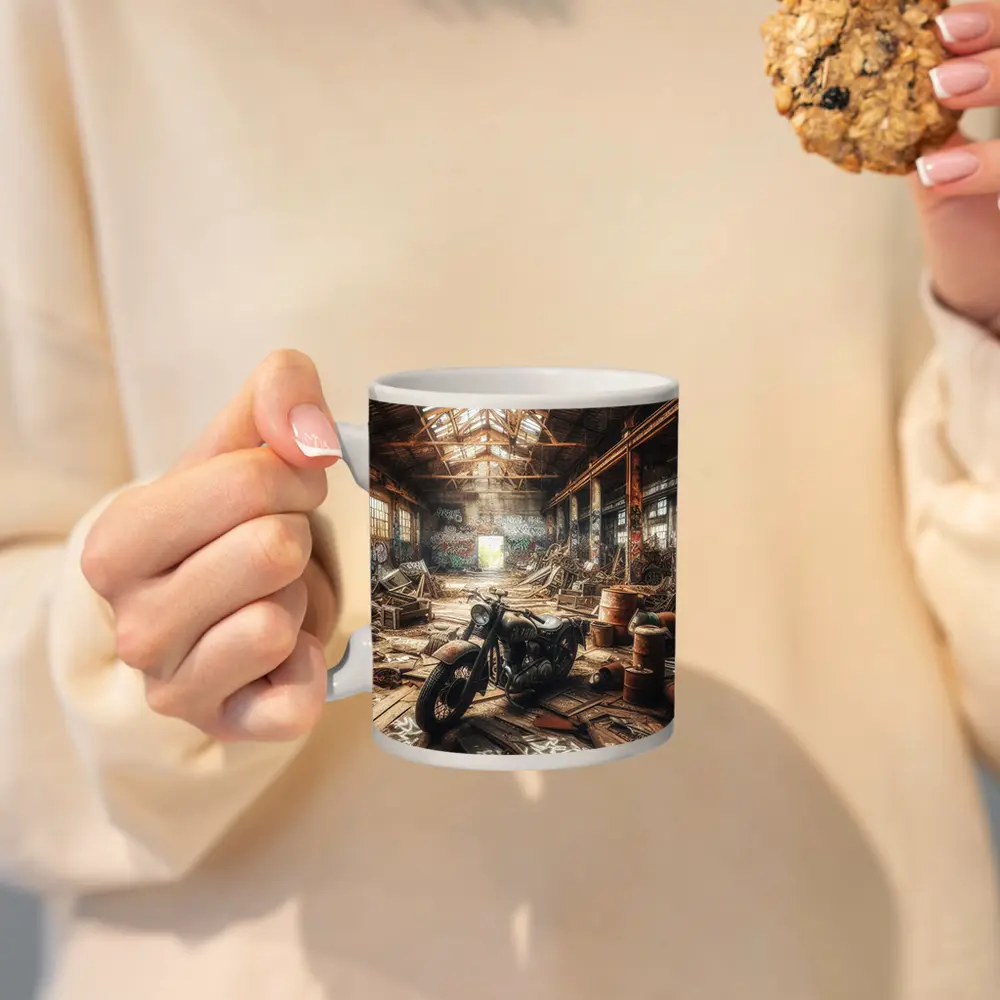 Vintage Motorcycle Abandoned Industrial Warehouse Scene – Mugs