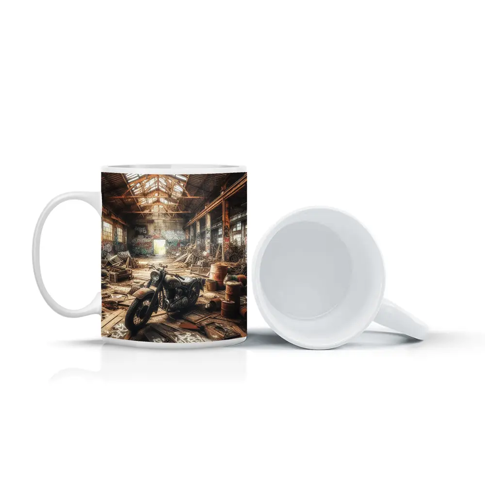 Vintage Motorcycle Abandoned Industrial Warehouse Scene – Mugs