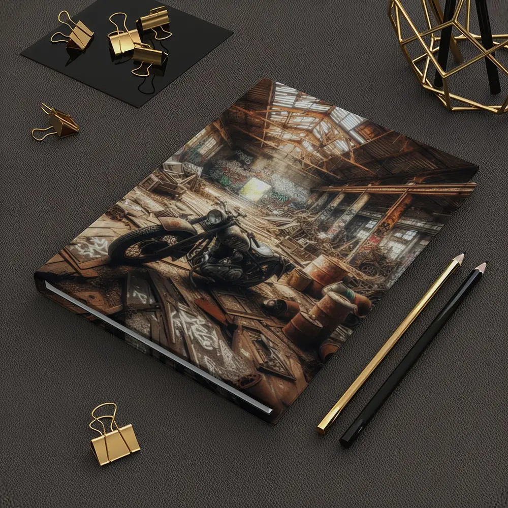 Vintage Motorcycle Abandoned Industrial Warehouse Scene – Notebooks