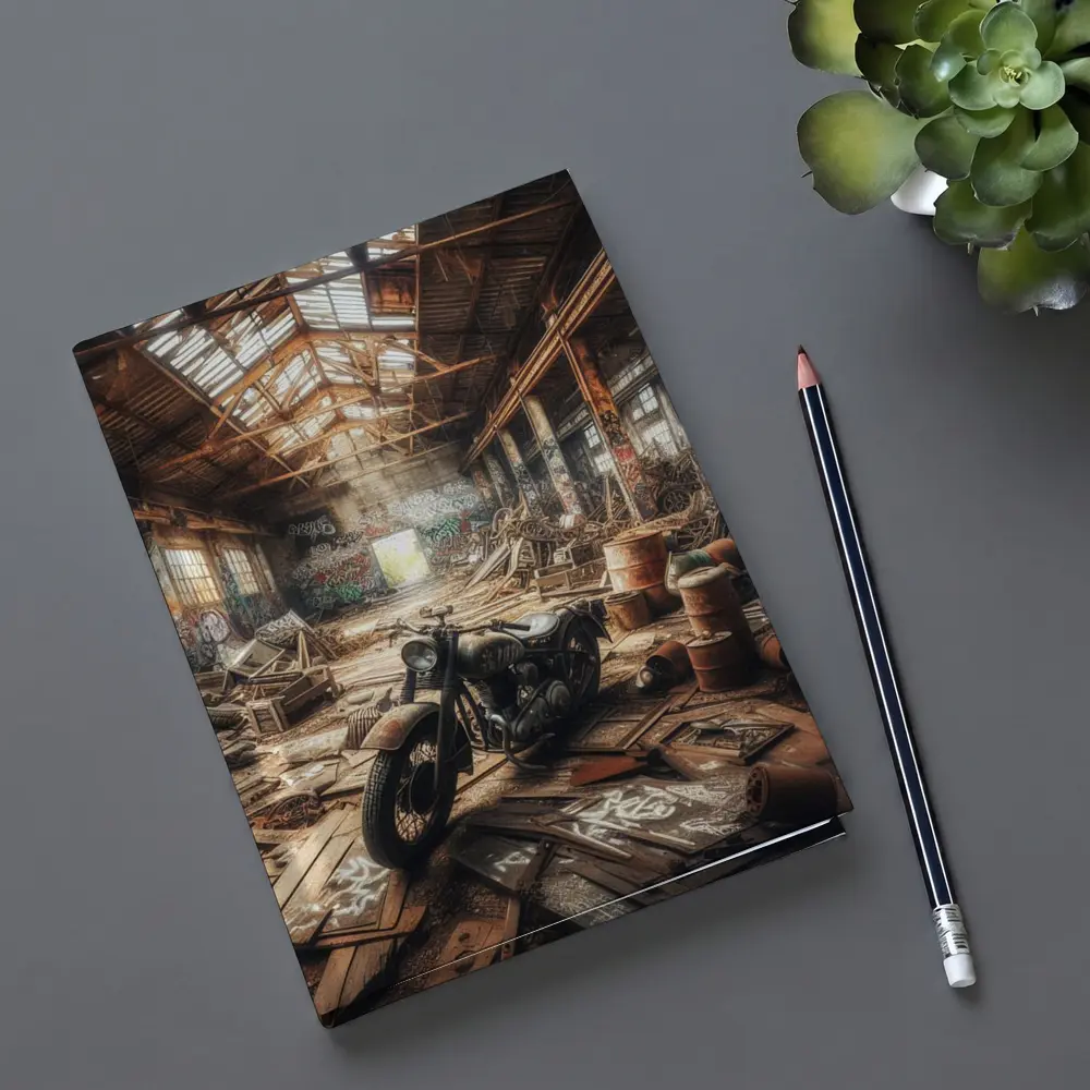 Vintage Motorcycle Abandoned Industrial Warehouse Scene – Notebooks
